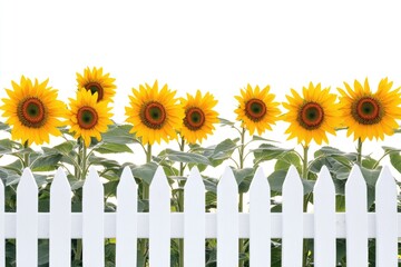 Poster - Group of bright yellow sunflowers standing in front of a white wooden fence, with a natural setting