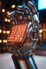 Wall Mural - A close-up shot of a robot hand featuring a bright red light, suitable for use in sci-fi or futuristic concepts