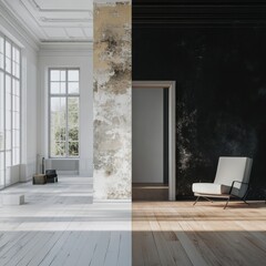 Leinwandbilder - Contrast of old and modern interior design in renovated room showcasing dark and bright aesthetics. Generative AI