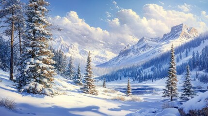 Sticker - Serene Winter Wonderland: Majestic Mountains and Frozen Lake