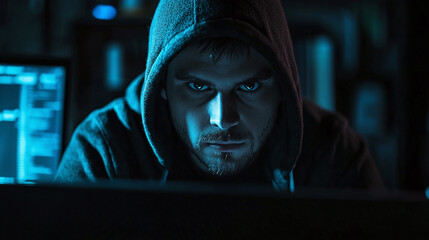 Hooded figure intensely focused on a computer screen in a dimly lit room, coding or hacking. Cybercrime concept. Anonymous person looking at screen with stern eyes.