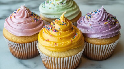 Wall Mural - A selection of colorful cupcakes decorated with creamy frosting and sprinkles, great for baking or food photography