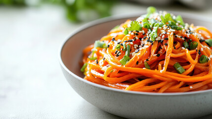 Wall Mural - Fresh Korean carrot salad with vibrant colors and flavors on a white background ready for serving