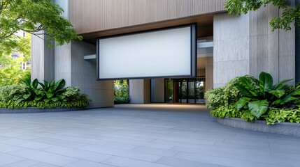 Wall Mural - A modern commercial building entrance featuring a large blank billboard, surrounded by lush greenery and sleek architectural design. Billboard Mockup