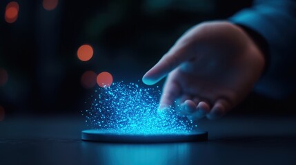 Wall Mural - hand interacting with glowing particles on device