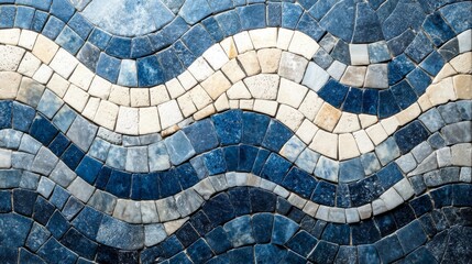 Wall Mural - Blue and white mosaic tiles create a wave pattern