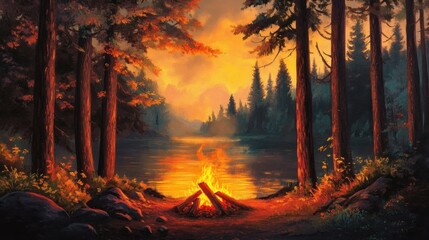 Canvas Print - Serene Sunset Campfire by the Lake