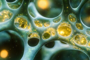 Wall Mural - microscopic view of a complex network with glowing particles, resembling cellular structures or a co