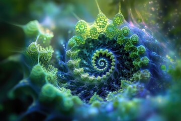 Wall Mural - a mesmerizing fractal spiral, resembling a vibrant, bioluminescent organism in deep ocean depths.
