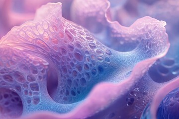 Wall Mural - abstract close-up of a textured surface with a porous, bubbly structure in soft pastel purple and bl