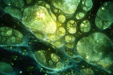 Wall Mural - a surreal, ethereal forest scene with a complex, interconnected network of glowing green organic for