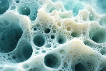 Wall Mural - abstract 3d render of a porous, cavernous structure with teal and off-white hues, resembling a spong