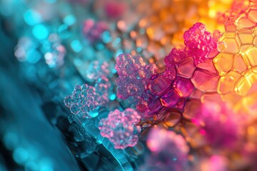 Wall Mural - abstract close-up of vibrant, colorful, crystalline structures resembling a microscopic view of cell