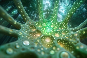 Wall Mural - abstract green organic structure resembling a neuron or plant cell, viewed from within a forest.