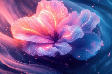 Wall Mural - abstract glowing flower with vibrant pink and blue hues, digital art.