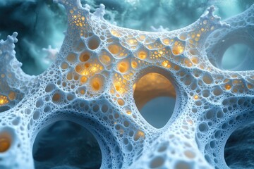 Wall Mural - intricate, porous structure with glowing inner cavities, resembling a futuristic or biological netwo