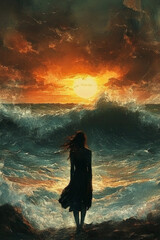 Wall Mural - girl on the beach at sunset