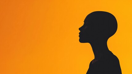Fototapete - Silhouette of a person with bald patches against a vibrant orange background at sunset. Generative AI