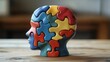 © Echt&KIreativ - Colorful puzzle head resting on wooden table representing mental health and psychology