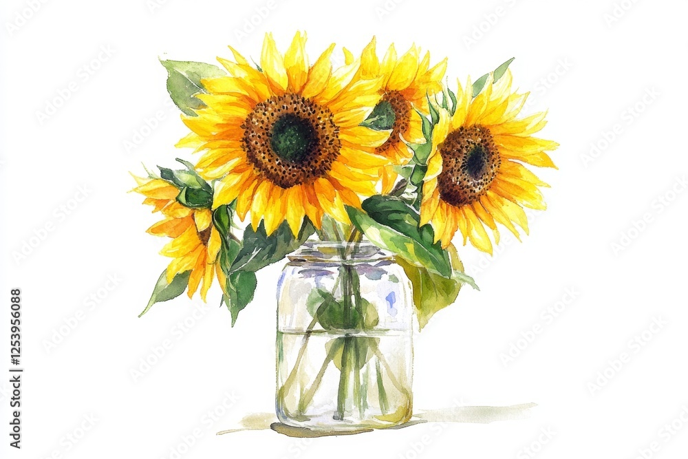 Watercolor sunflowers in glass vase Stock Illustration | Adobe Stock
