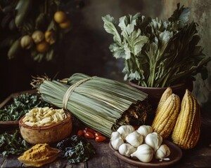 Wall Mural - Epazote, laying alongside other ingredients for a traditional Mexican dish