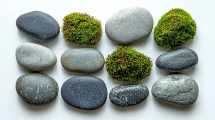 Wall Mural - Smooth gray stones alternating with clumps of green moss