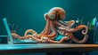 © Harry - Octopus Working on Laptop Digital Art Creative Office Scene Humorous Illustration Funny Animal Business Concept Modern Design Unique Artwork Vibrant