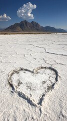 Canvas Print - Heart-shaped Impression on Cracked Salt Flat Under Clear Sky with Unique Cloud Formation and Mountain Background in Utah Desert Nature Photography