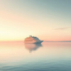 Poster - Luxury cruise ship docked at sunset in calm waters showcasing vibrant pastel colors. Generative AI