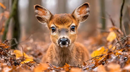 Wall Mural - White-tailed fawn autumn forest leaves nature wildlife