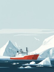 Poster - Research vessel navigating icy waters near snowy mountains in the Arctic during daylight hours. Generative AI
