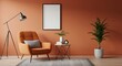 © PP Creative - A contemporary living room featuring a bold orange armchair with a gray cushion a black framed blank picture frame