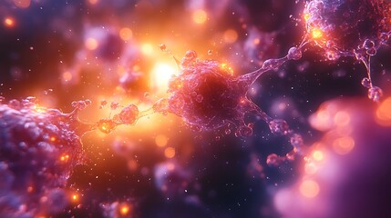a microscopic universe of illuminated molecules moving in synchronized harmony