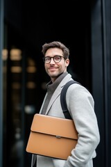 Wall Mural - A man wearing glasses and a brown briefcase is smiling. He is standing in front of a black building