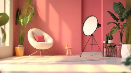 Wall Mural - Modern studio with bright pink walls and chic furniture