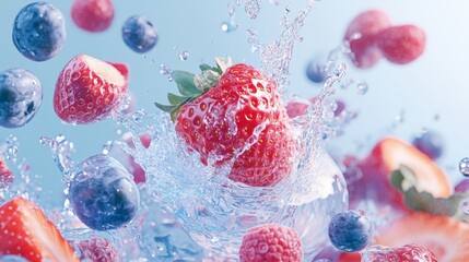 Wall Mural - Frozen berries splashing into clear water with motion