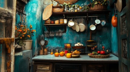 Wall Mural - Rustic kitchen with fresh vegetables and culinary utensils