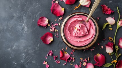 Wall Mural - Pink yogurt in a bowl with rose petals on a slate surface