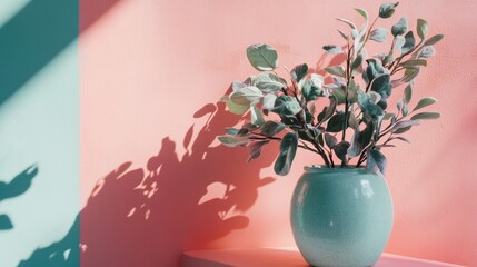 Canvas Print - Minimalist pink vase with greenery on a pastel pink background