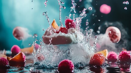 Wall Mural - Splashing fruit cocktail with vibrant berries and mint