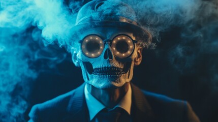 Canvas Print - Skeleton figure with a suit and sunglasses surrounded by blue smoke