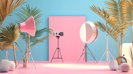 Wall Mural - Tropical-themed photography studio setup with pastel decor