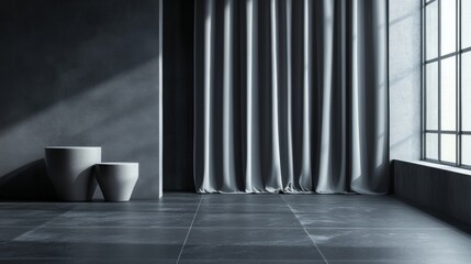 Wall Mural - Modern minimalist interior with dramatic curtain shadows