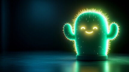 Glowing cartoon cactus with happy face in dark room