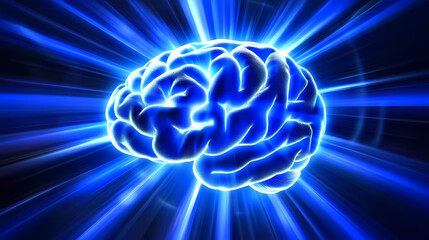 Sticker - Glowing 3d brain illustration emits light rays on a dark blue background. Neural Network Consciousness. Illustration