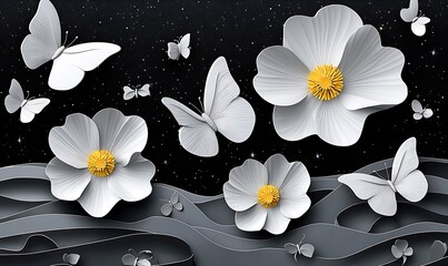 Leinwandbilder - Stunning 3D illustration of white flowers with butterflies against a dark background showcasing nature's beauty : Generative AI