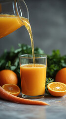 Canvas Print - Freshly poured orange juice flows into a glass surrounded by vibrant carrots and oranges on a textured gray table.Freshly squeezed carrot juice is useful