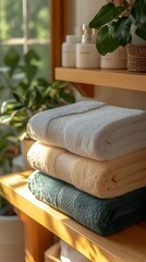 Leinwandbilder - Neatly Stacked Towels in Soft Colors on a Wooden Shelf Surrounded by Greenery : Generative AI