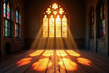 Wall Mural - Warm light spills through fractured stained glass, casting a radiant sunburst on the worn floorboards , colorful, architecture, pattern