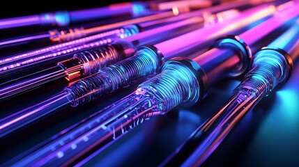 Fototapete - A vibrant collection of pipettes in neon blue and purple hues showcasing advanced laboratory equipment : Generative AI